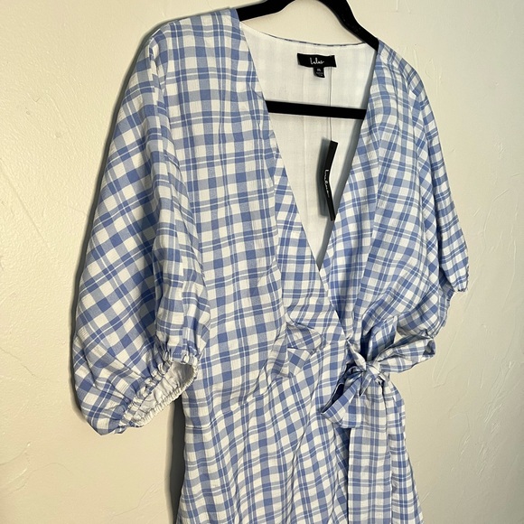 Lulus Coquette Blue and White Plaid Puff Sleeve Wrap Mini Dress XL - Picture 7 of 10